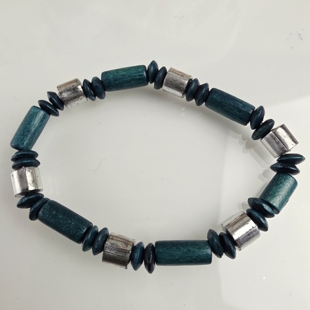 Teal Wood Silver Beaded Stretch Bracelet Green Minimalist Cabincore